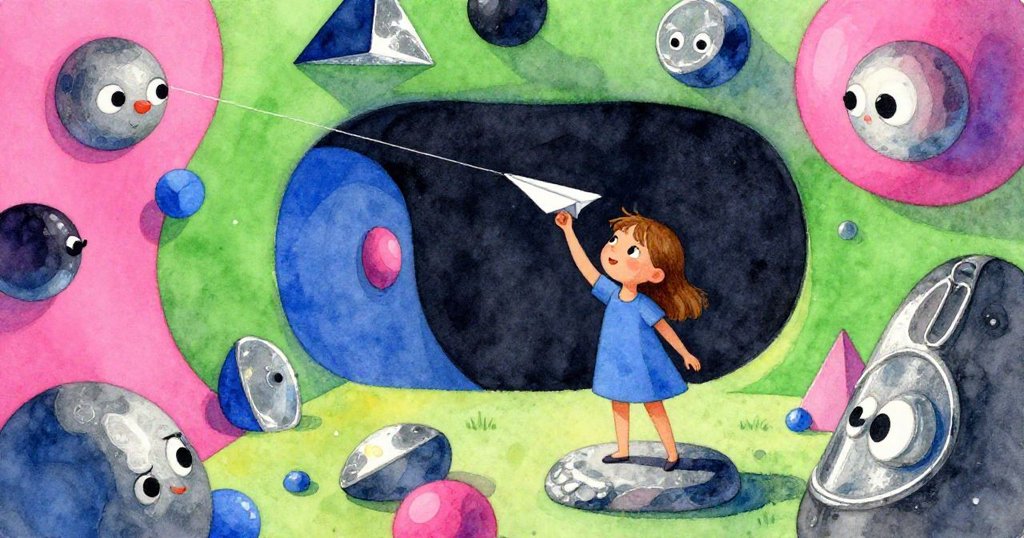 Joy 蹲在奇異石頭旁,仔細用迴紋針夾住紙飛機尖端,背景空間扭曲呈現神秘幾何感