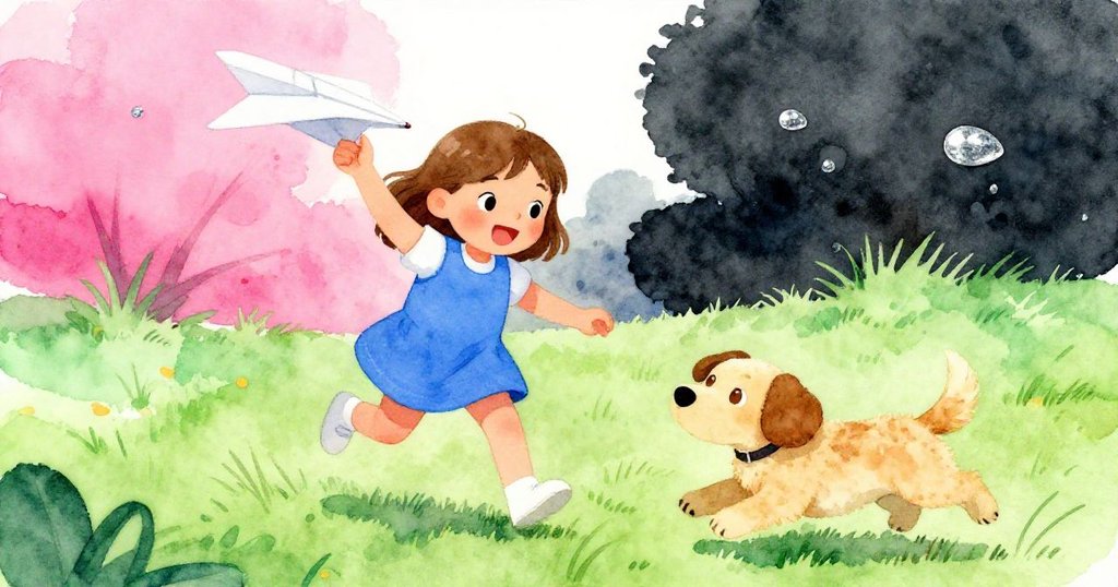 Joy快樂投擲紙飛機,狗狗在乾燥草地上歡快追逐,留下紅褐色痕跡,充滿活力的場景