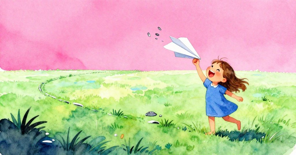 Joy快樂地拾起濕透紙飛機並摺疊新的一架,平整草痕延伸遠方,暗示著更多冒險未完待續