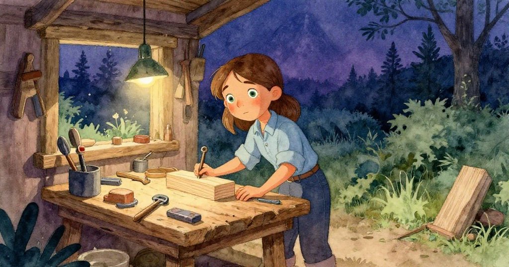 Vera步入古色古香的工作坊,清晨光線照亮木工作台和工具,她充滿期待準備開始一天的工作。