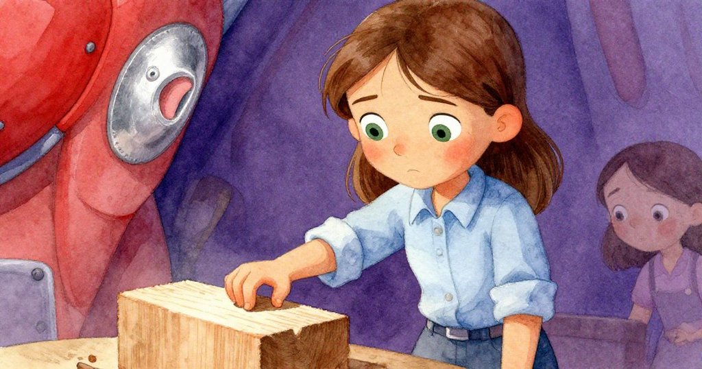 Vera特寫臉龐,眉宇間流露出專注與憂慮,輕拂著粗糙的松木邊緣,木質紋理清晰可見。