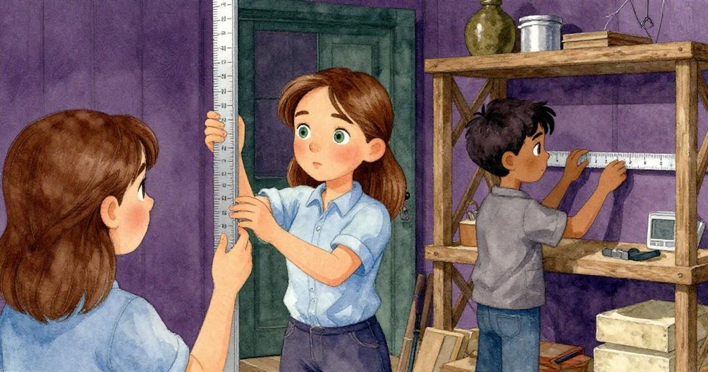 透過Vera肩膀的視角,她細讀木樑上精確的刻度,背景中Grant也在靜心測量,協作氛圍濃厚。