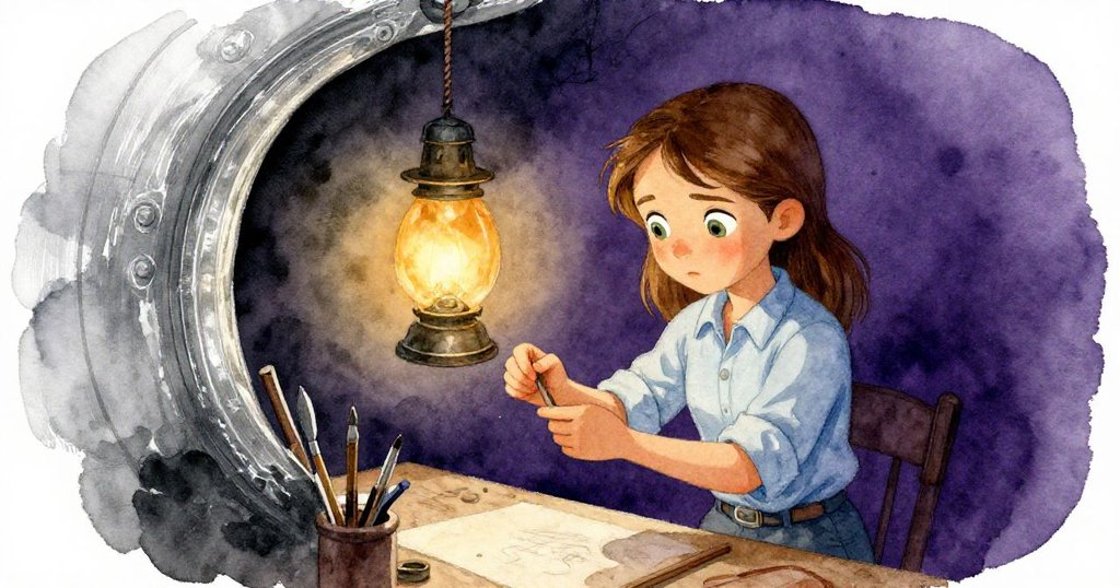 燈光微暗的工作區,一盞琥珀色燈懸掛於滑輪上輕輕擺動,Vera專注地調整細節,展現其技藝與細膩情感。