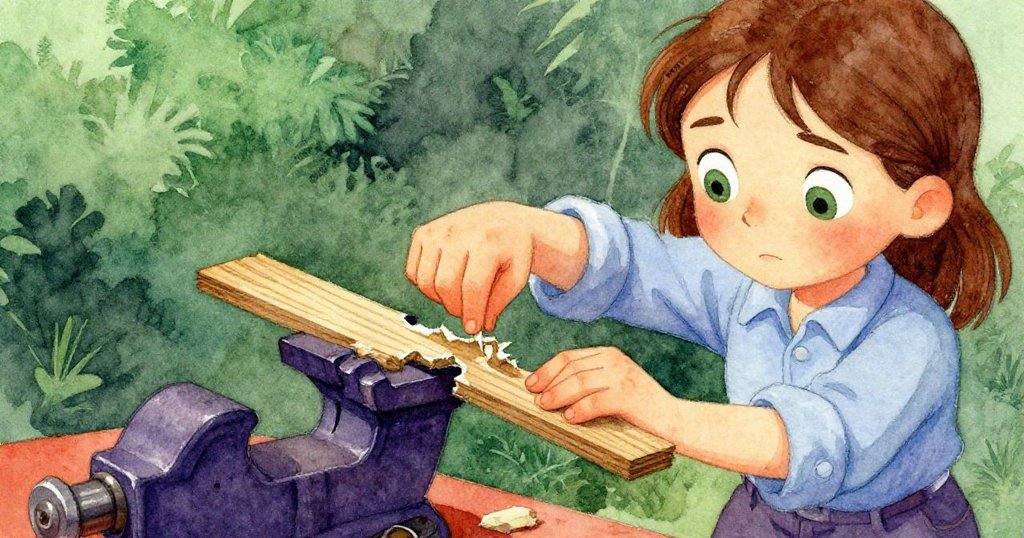 Vera專注用力摳著撕裂的粗糙木條,近距離展現木材紋理與她緊張卻堅定的情緒,挑戰中見信念。