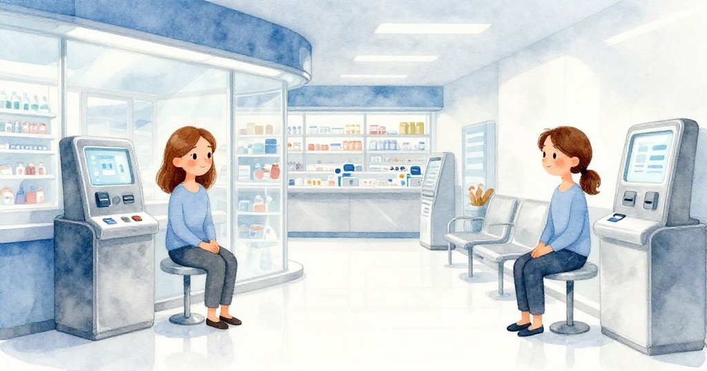 六月坐在現代感藥局候藥區,票證機和發光顯示屏映襯下,她凝視顯示屏,神情中帶著期待與思索。