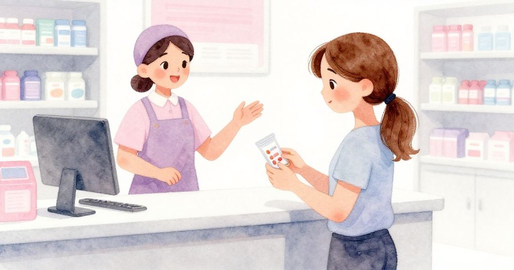 六月在藥局櫃檯前仔細檢查藥包,櫃檯後熱心員工指點細節,她神情中流露安心與好奇。