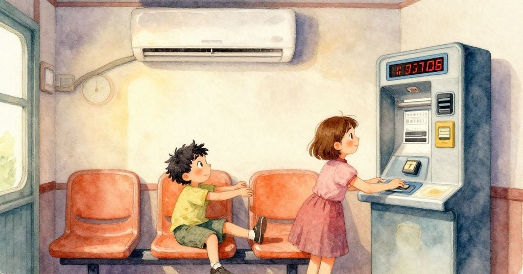 從六月角度看見,塑膠做的小食人魚在藥局光亮的地板上活潑穿梭,她伸出手輕觸展現童心與好奇。