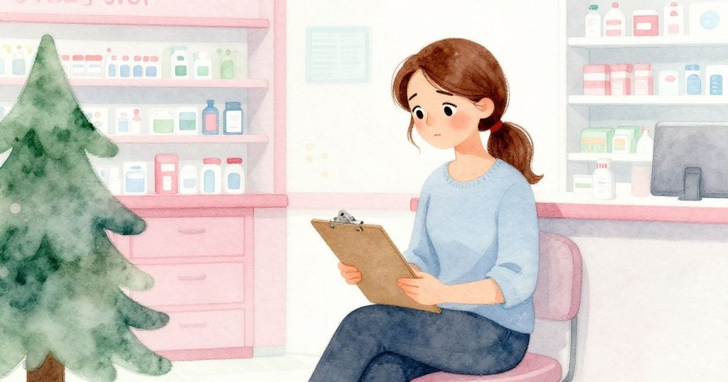 六月坐著,手持板夾輕貼膝上,神情中透露著內心矛盾與靜默等待,藥局背景柔和襯托情緒。