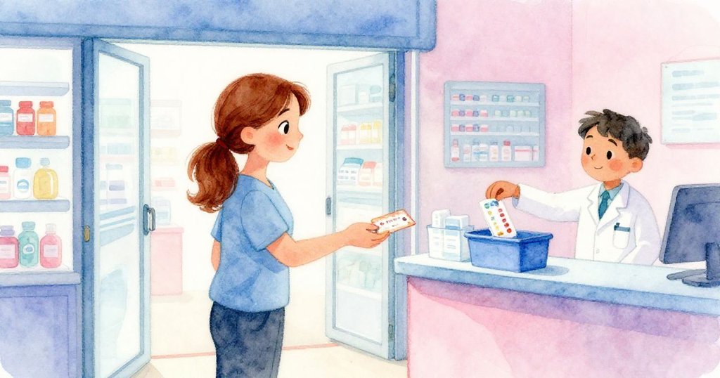 六月走向藥局滑動窗,技術員遞上藥包,她輕放防曬券於藍色回收桶中,溫暖光線中帶來解脫與寧靜。