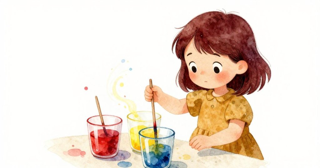 花路亞用木籤攪拌玻璃杯中的顏料,杯中紅黃藍色旋轉交織,背景留有大量空白展現靜謐實驗氛圍。