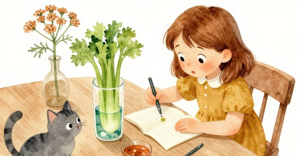 從上方俯瞰,花路亞在筆記本上記錄芹菜中彩水上升的情景,桌上排列整齊,灰貓靜靜觀察,細節豐富。