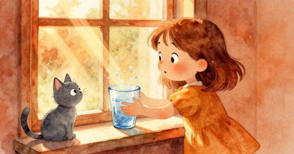 花路亞將藍色玻璃移至窗台,陽光灑下使水面起泡,灰貓好奇靠近,畫面呈現時間流逝動態效果。