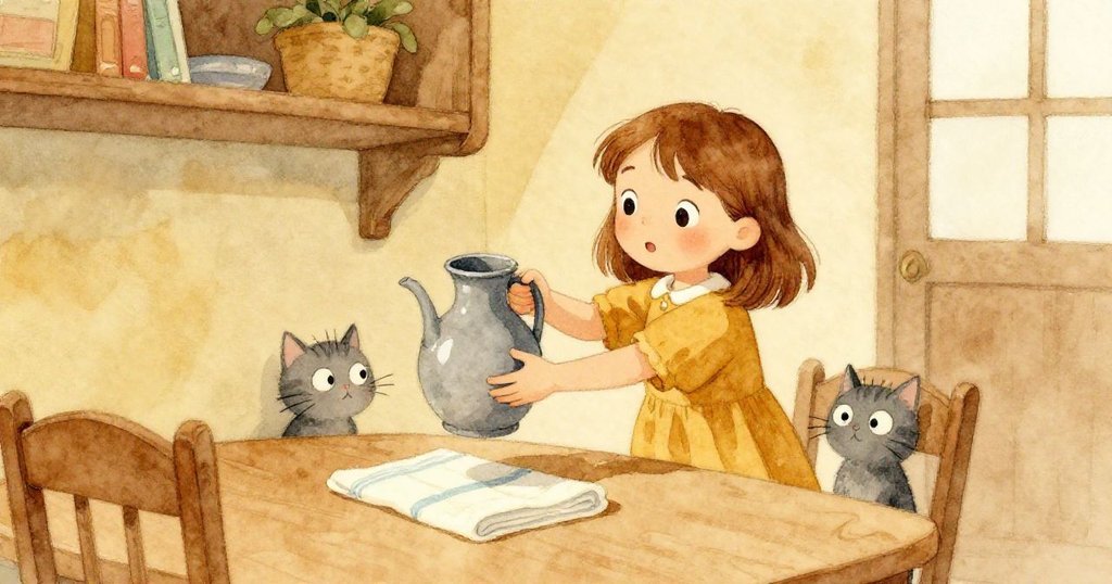 花路亞將水壺放到架上,桌面重歸平靜,僅有毛巾上淡藍色印記記錄實驗痕跡,灰貓遠離,氛圍寧靜溫馨。