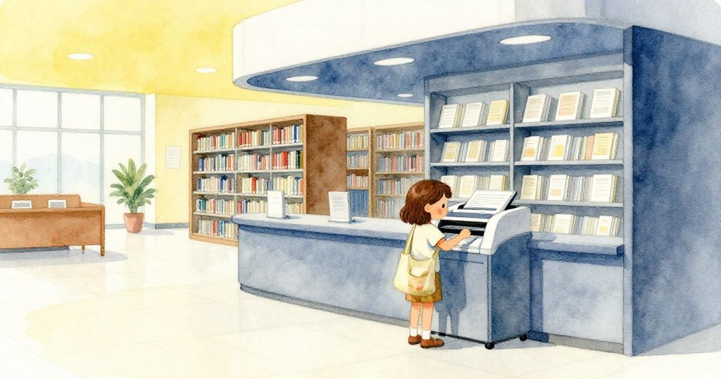 萊拉在圖書館終端前操作電腦，昏暗光線中有藍灰背景、書架與通風口，表情專注開始尋找海圖資料