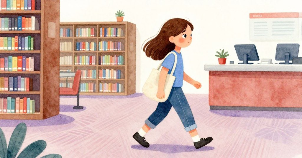 萊拉急步走過圖書館地毯前往櫃檯，腳步堅定，背景呈現金屬書架與明亮燈光，展現出緊湊氣氛