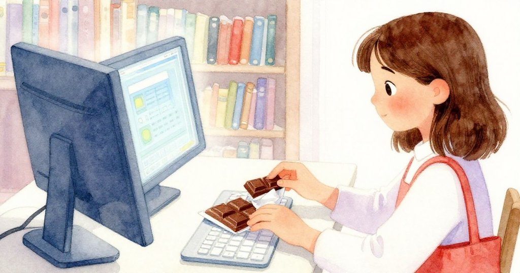 萊拉正用手指輕觸電腦鍵盤，特寫展示她拆開一塊巧克力，螢幕反光映出細緻情景，充滿溫柔期待感