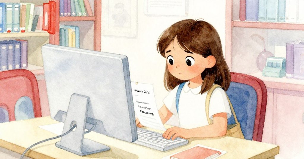 萊拉聚精會神地按下列印鍵，畫面中顯示出紙條訊息，她仔細閱讀，表情堅定且略帶驚訝，場景現代化明亮