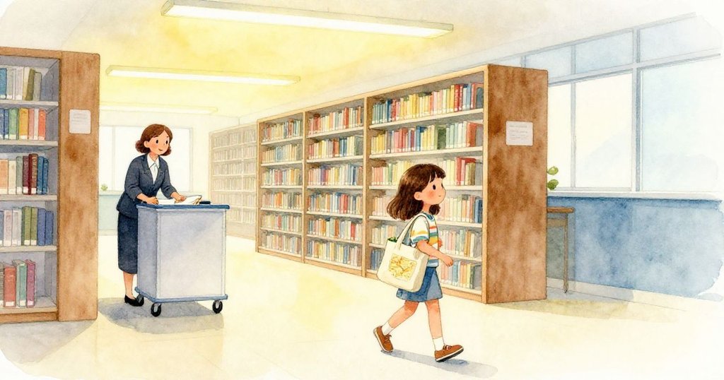 萊拉提著海圖走向圖書館出口，臉上帶著溫柔微笑，背景中有親切管理員與滾動書車，燈光溫暖，充滿告別感