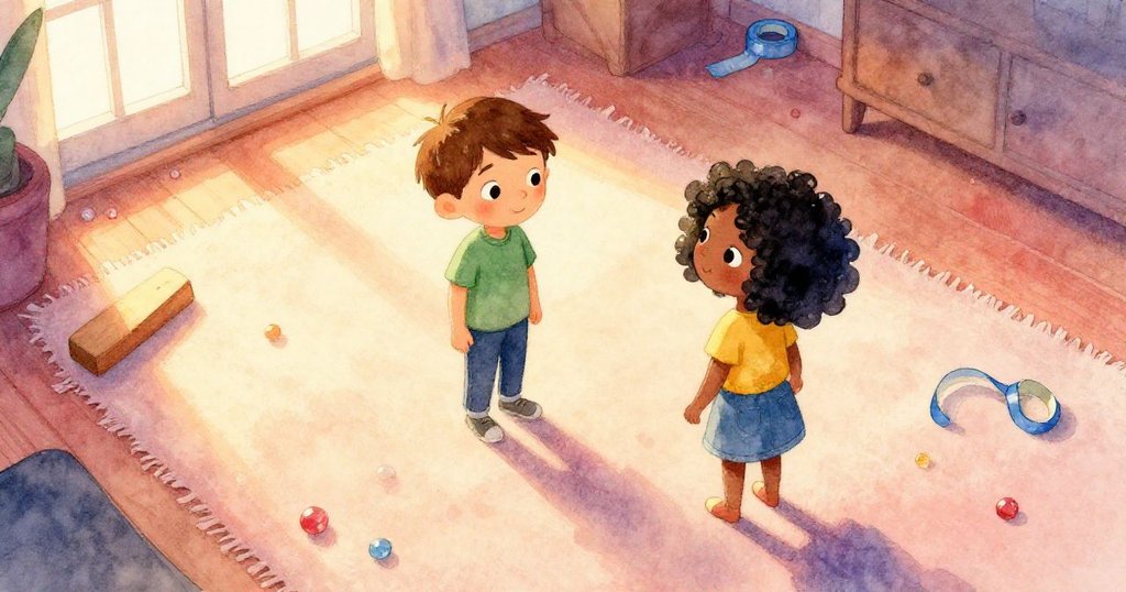 在溫暖房間裡,Quinn與Lena看著散落物品,天花板上陽光灑下,展開新奇實驗,充滿期待與好奇。