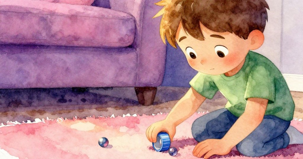 Quinn聚精會神檢查藍色膠帶和彈珠,眼神充滿專注與決心,室內柔和光線襯托微妙實驗情景。