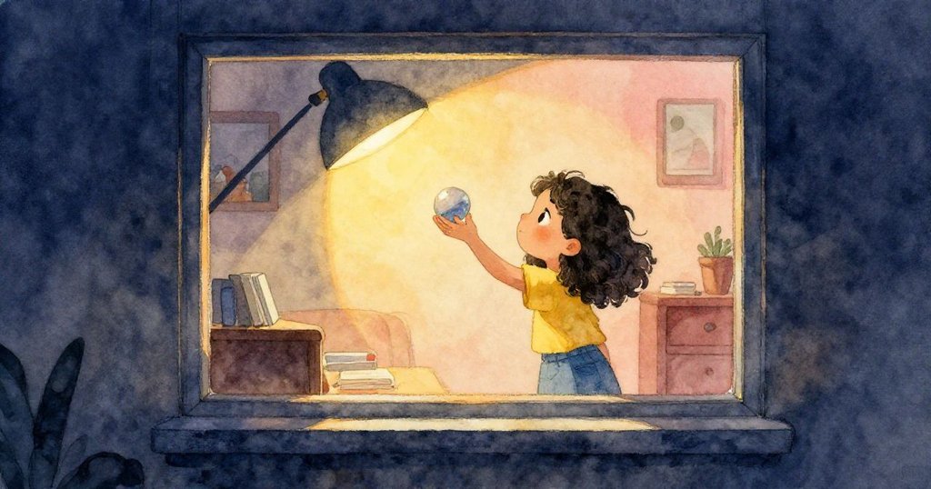 Lena從窗邊釋放彈珠,室內桌燈散發溫暖金光,與外面冷色調相映,流露專注與挑戰情緒。