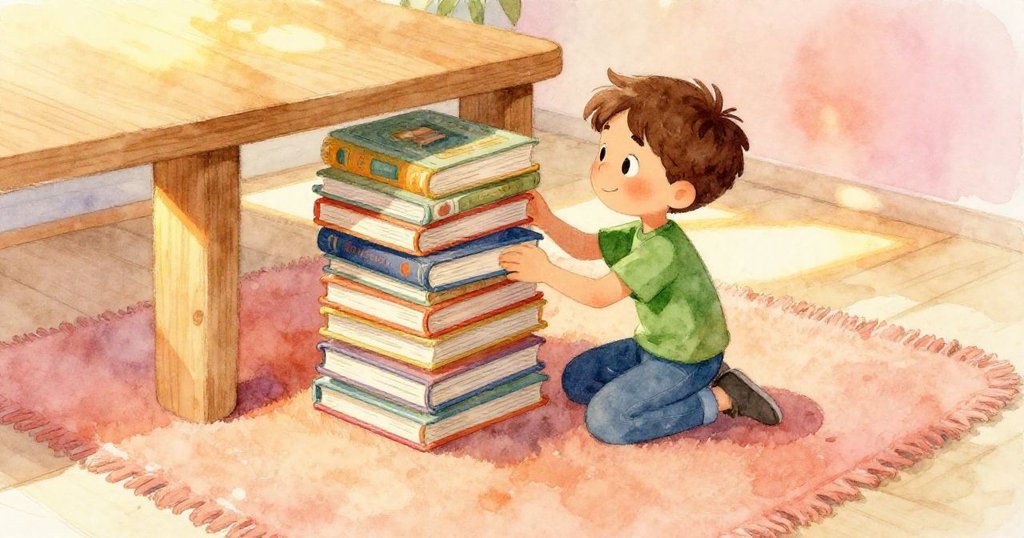 Quinn站在微升視角下,小心將平裝書疊放於木塊下,房間暖光映照著實驗裝置,神情專注而穩定。