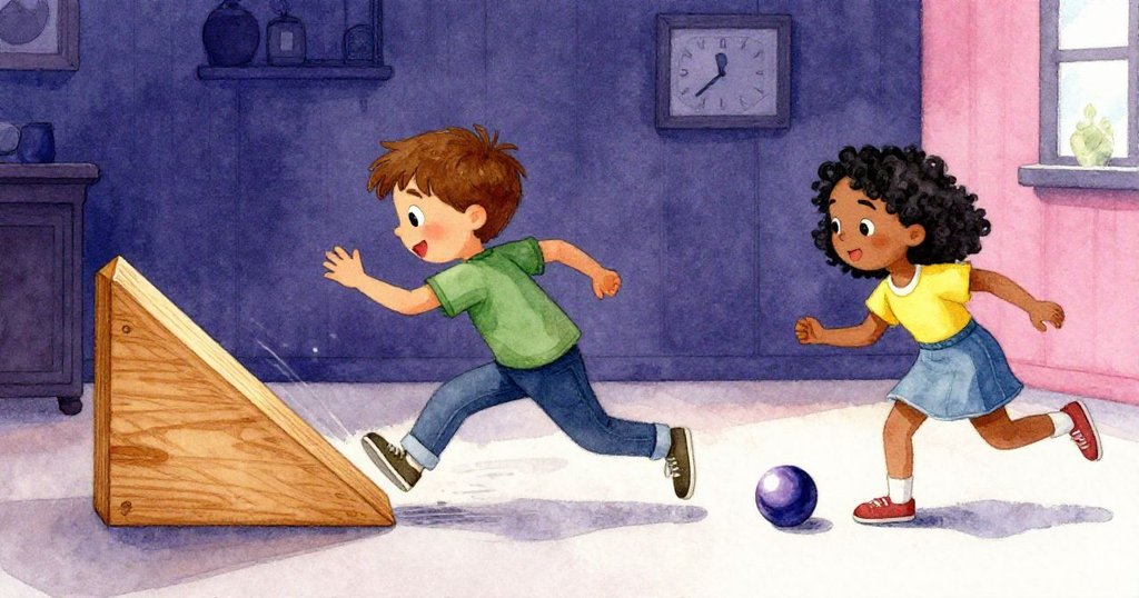 Quinn急步追趕滑動木楔,背景中Lena準備釋放彈珠,房間內緊張氣氛與動感瞬間呈現。