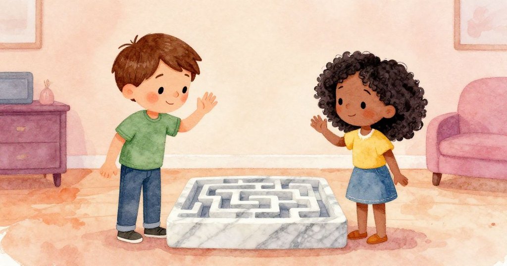 Quinn與Lena滿意微笑,向安靜下來的彈珠迷宮揮手告別,溫暖光線中散發著結局的寧靜與感激。