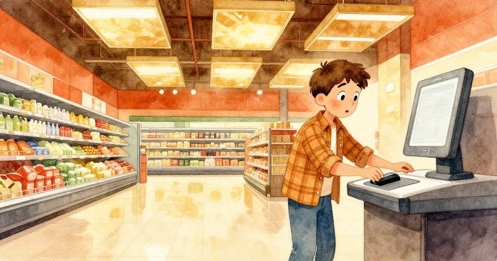 伊凡在明亮超市操控自助機,驚奇表情映著反射光澤,營造活潑都市現代風情