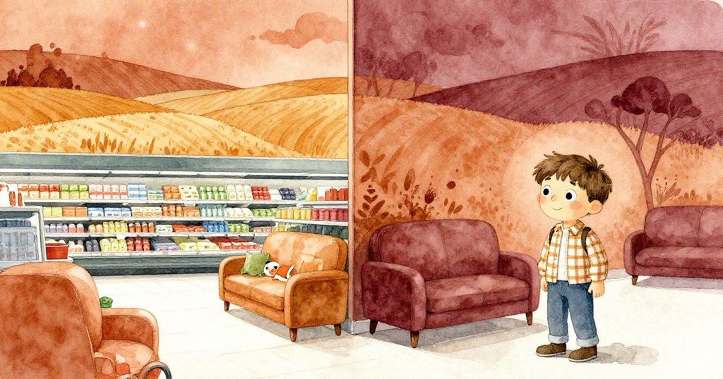 伊凡在超市角落推購物車,背景牆畫呈現夢幻田園風光,現實與幻想交融