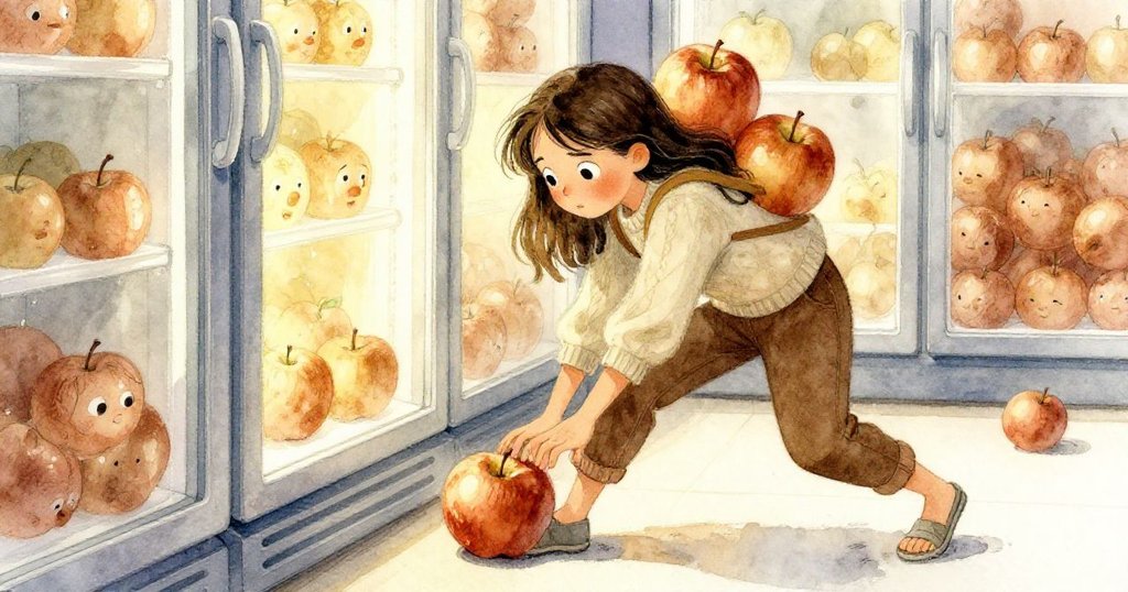 諾拉在冰櫃區專注用鞋尖壓住滾動蘋果,冷暖燈光交織緊張氛圍