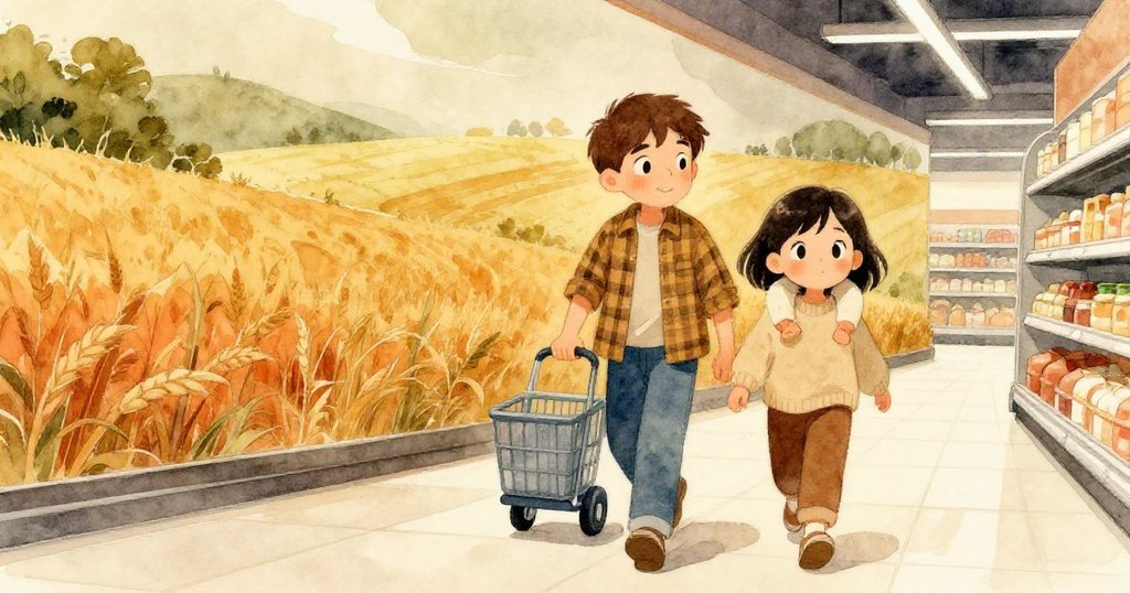 伊凡與諾拉在超市走廊中互望充滿希望,購物車穩行前進,壁畫展現田園夢想,冒險續行