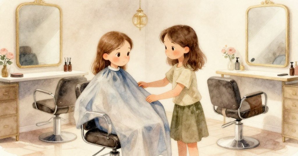 妮兒在柔和晨霧中輕觸濕潤披肩,溫馨沙龍環境中透露出期待與寧靜的神情。