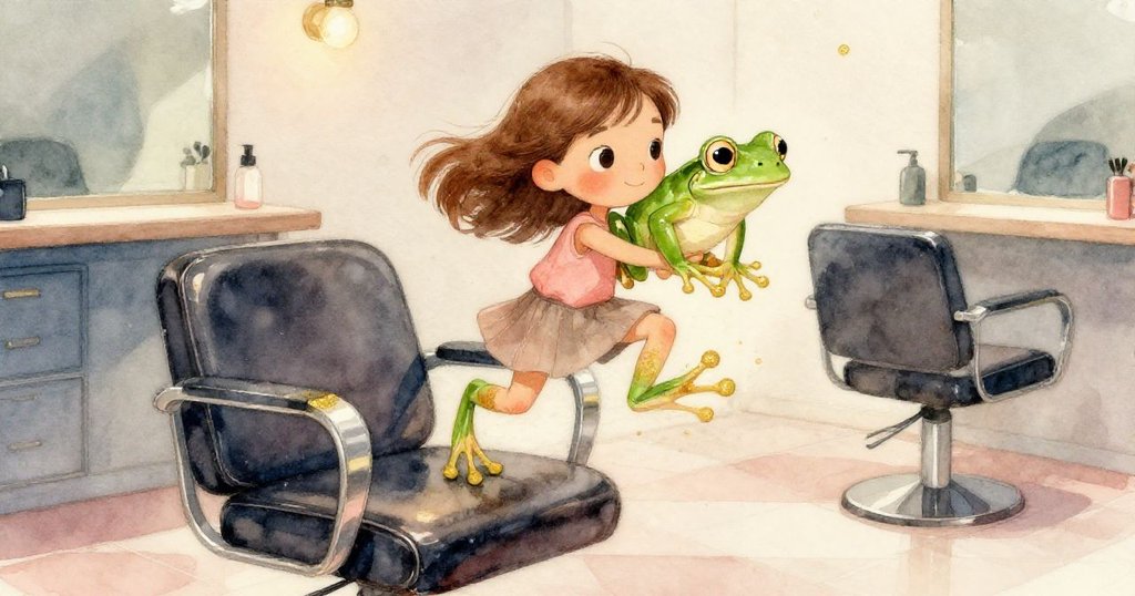 翠綠小青蛙從座位邊輕跳落下,沙龍內部背景與流水般光影隨動展示動態瞬間。