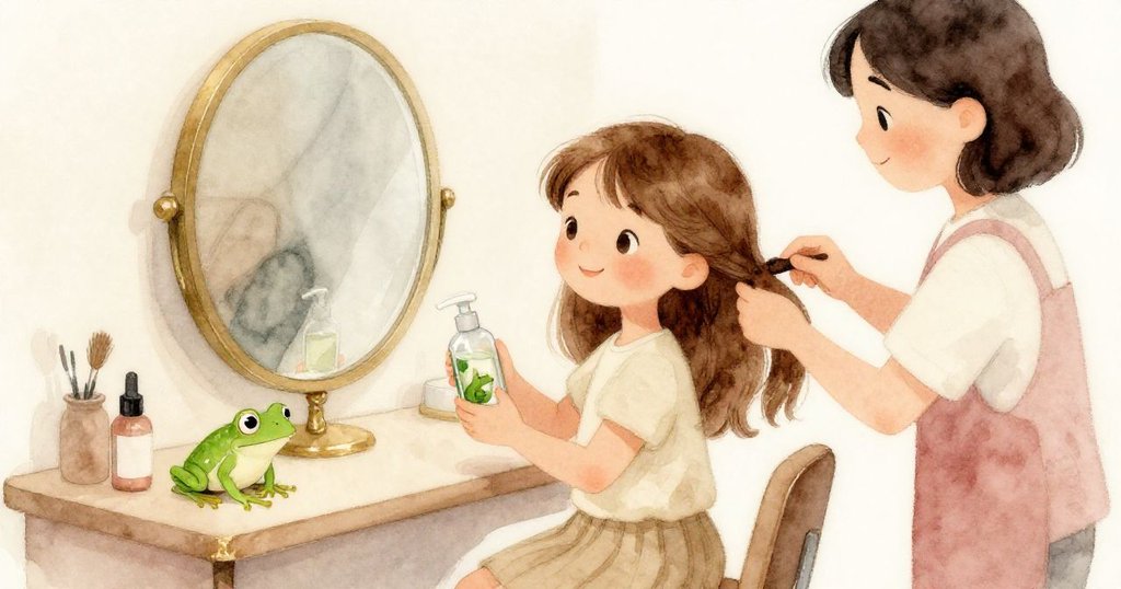 妮兒微笑離開洗髮區,與理髮師親切互動,現場暖光中呈現溫馨與滿足情感。