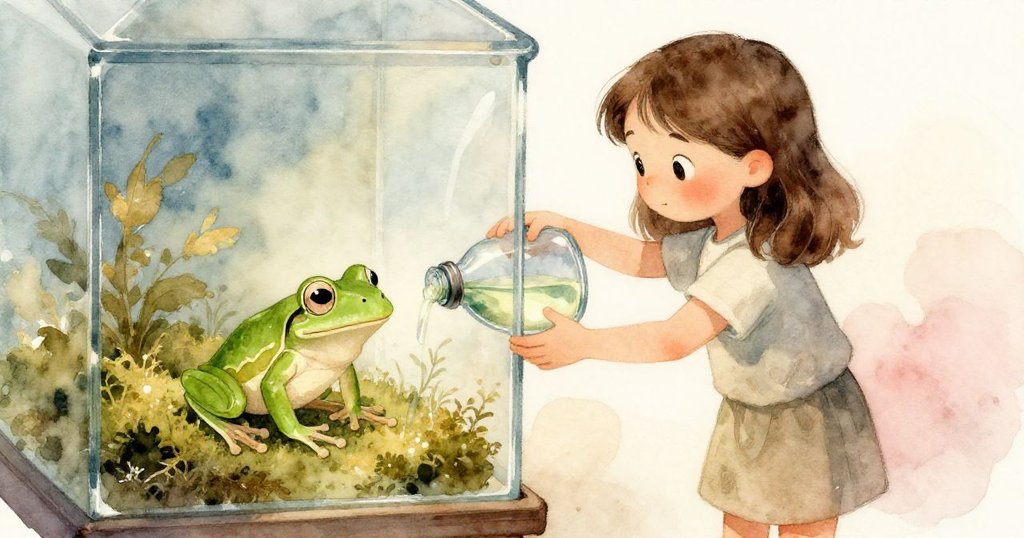 妮兒將透明瓶中青蛙送回玻璃箱,環境反映出水潤光環與柔和溫暖結局。
