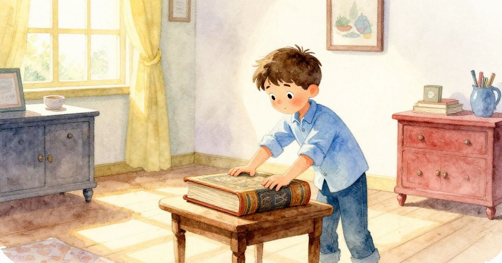 Paul 穿著淺藍襯衫滑動厚歷史書,房間透著柔和晨光,表情專注而溫暖,開始一天的探險。