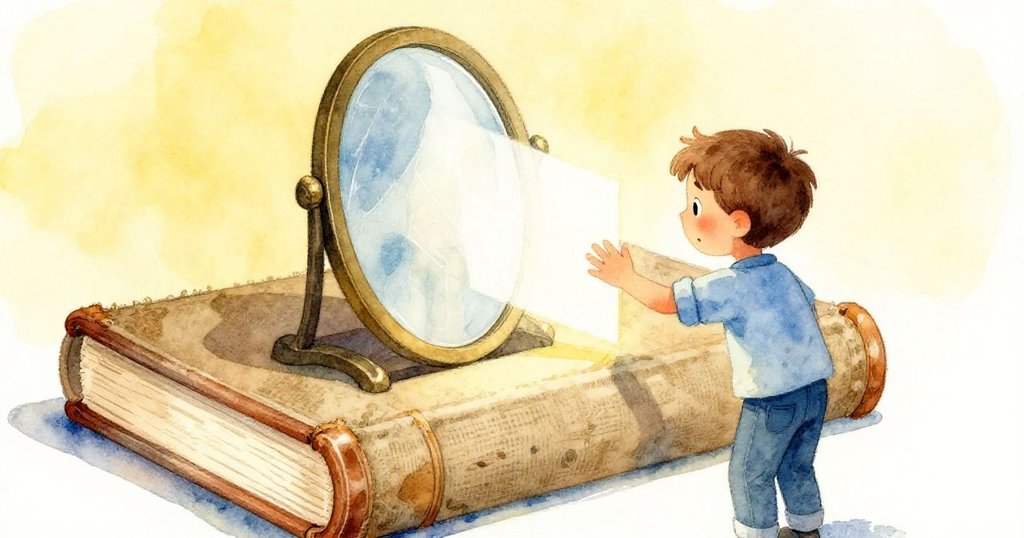 Paul 小心平衡鏡子在歷史書脊上,反射出明亮光線,展示歷史書的粗糙布面,充滿秘密和期待。