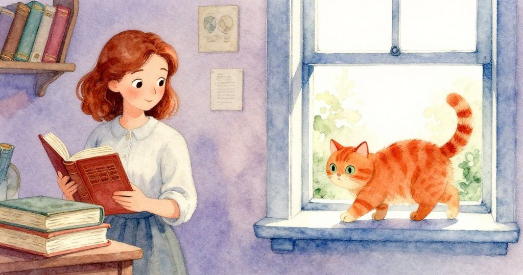 Faye 溫柔翻閱歷史書,貓咪悠閒走過窗台,房間充滿柔和藍與粉紫光影,呈現雙重溫馨瞬間。