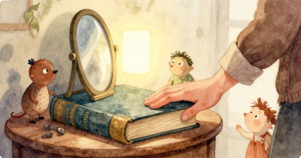 從高處視角見鏡子放在椅背上,小化石滾動觸發連鎖輕敲,Paul 的手調控情境,房間充滿靜謐氛圍。