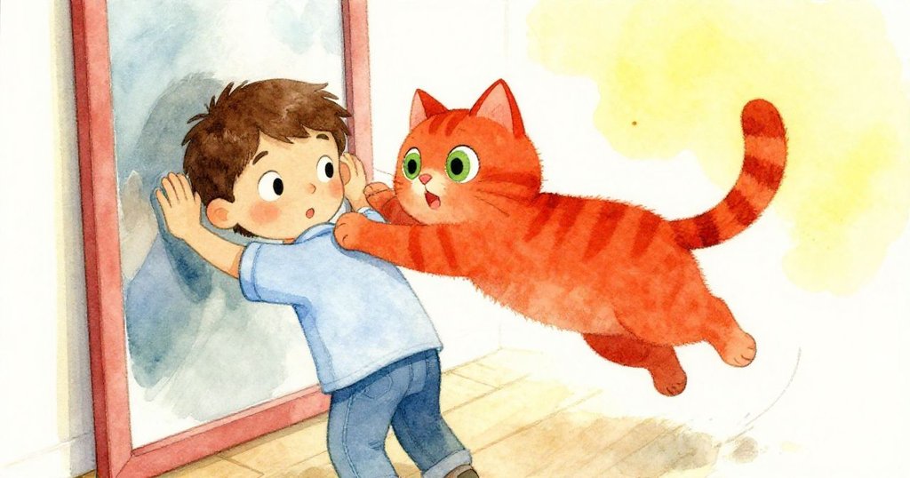 Paul 輕按鏡子邊緣調整位置,貓咪生氣跳下,房內互動活潑且色彩鮮明,充滿動態情緒。