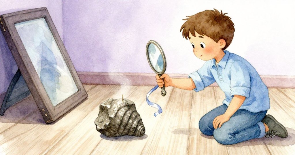 Paul 用鏡子釘住緩轉的化石,歷史書旁塵埃絲飄揚,安定室內呈現象徵性靜謐結局。