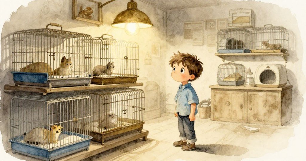 Jasper踮腳站在傾斜角度的寵物店內，靠近暖黃燈光下的籠子，兩隻沙色倉鼠安睡，充滿好奇心與溫馨情調。