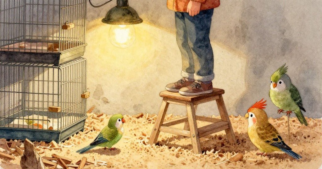 Jasper的雙手專注地操作金屬尺子，透過籠欄細節清晰可見，背景隱約呈現寵物籠內的溫暖氛圍。