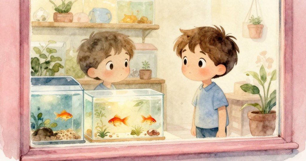 透過玻璃窗，Jasper凝視著水族箱中悠動的魚尾及溫暖燈光反射，場景融合室內柔和光影與好奇神情。