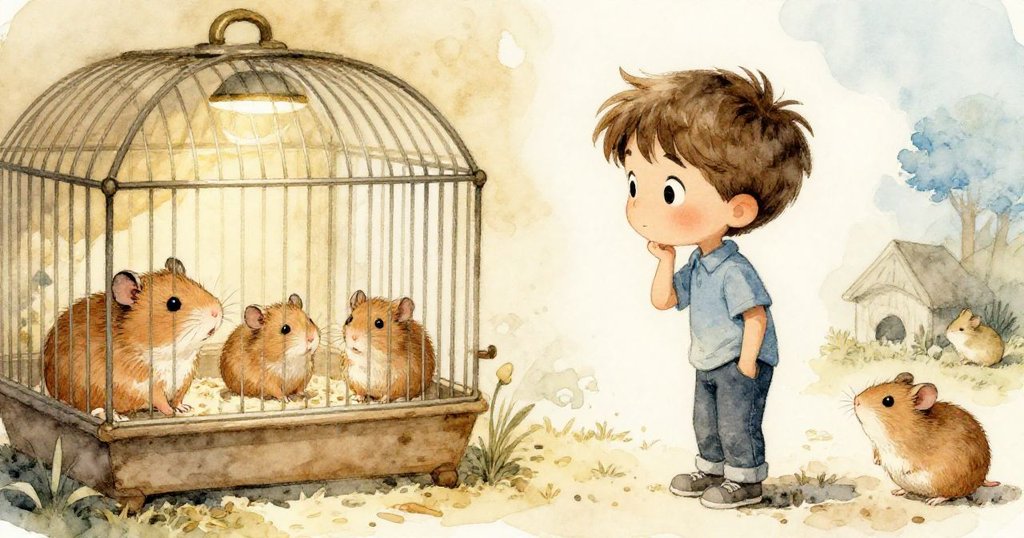 Jasper一邊注視著真實安睡的倉鼠，一邊幻想理想家園，畫面分裂呈現溫暖現實與夢幻情懷，目光專注。