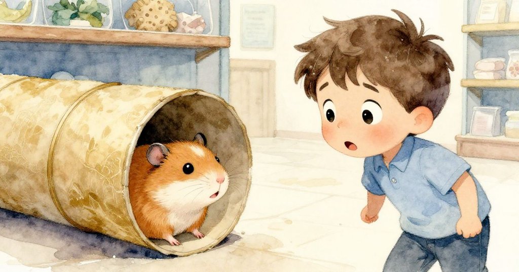 Jasper臉部特寫流露出驚訝與歉意，一隻小倉鼠從紙管隧道探頭而出，場景溫柔細膩充滿關懷。