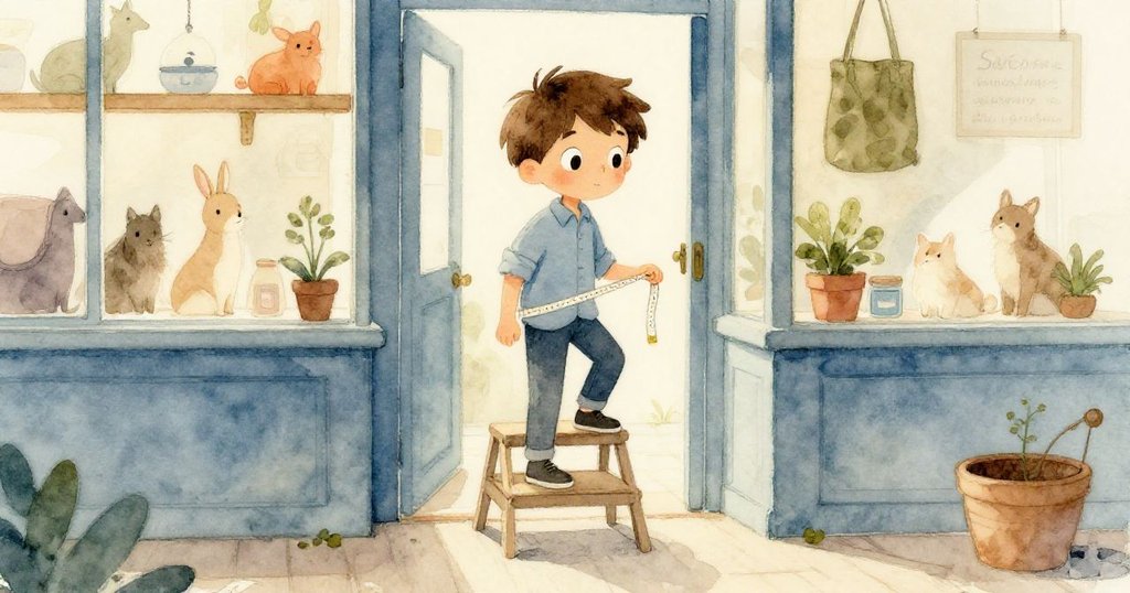 Jasper平靜地從溫暖的踏凳上走下，收起尺子，背景燈光柔和，寵物店內充滿安寧與沉思氣氛。