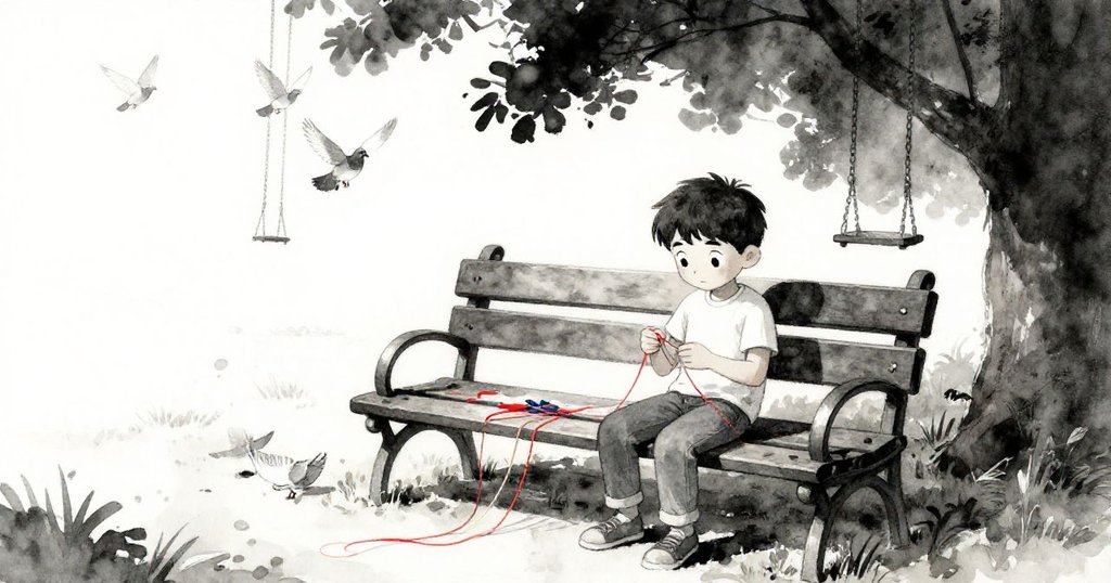 Bram在明亮公園長椅上排放彩色線條，背景有輕舞鴿子和金屬鏈，表情專注平靜，故事剛開端。