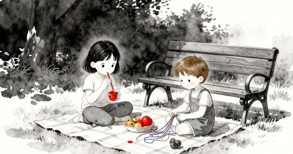 Viola於草地野餐毯上享用水果杯，旁邊Bram忙於排列彩線，兩人各自專注且愉悅，情節逐漸展開。